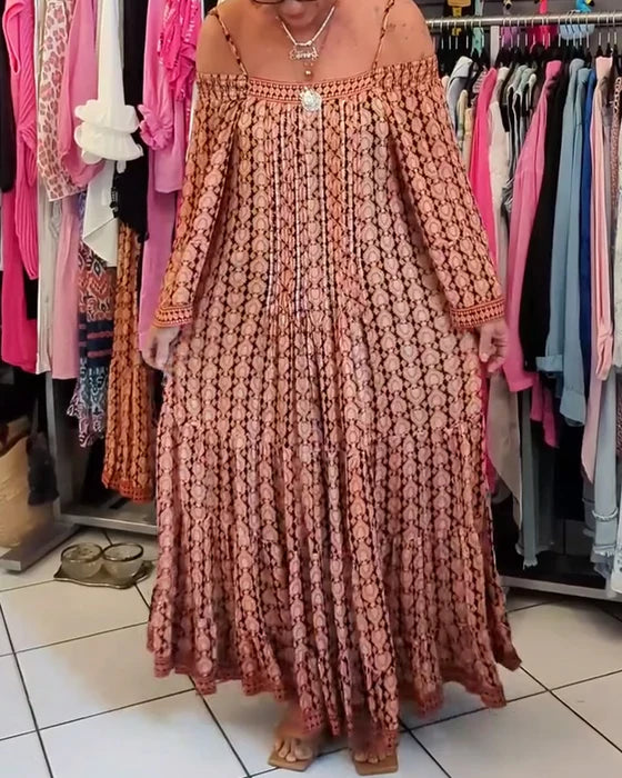 Boho Spaghetti Strap Loose-Fit Midi Dress with Flowy Silhouette