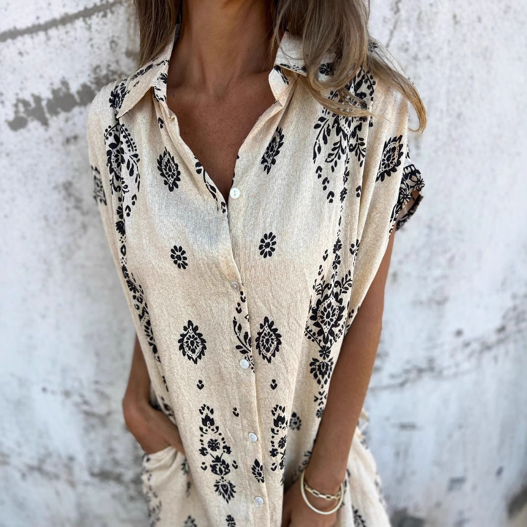 Loose Lapel Sleeveless Shirt Dress with Ethnic Print & Button Detail