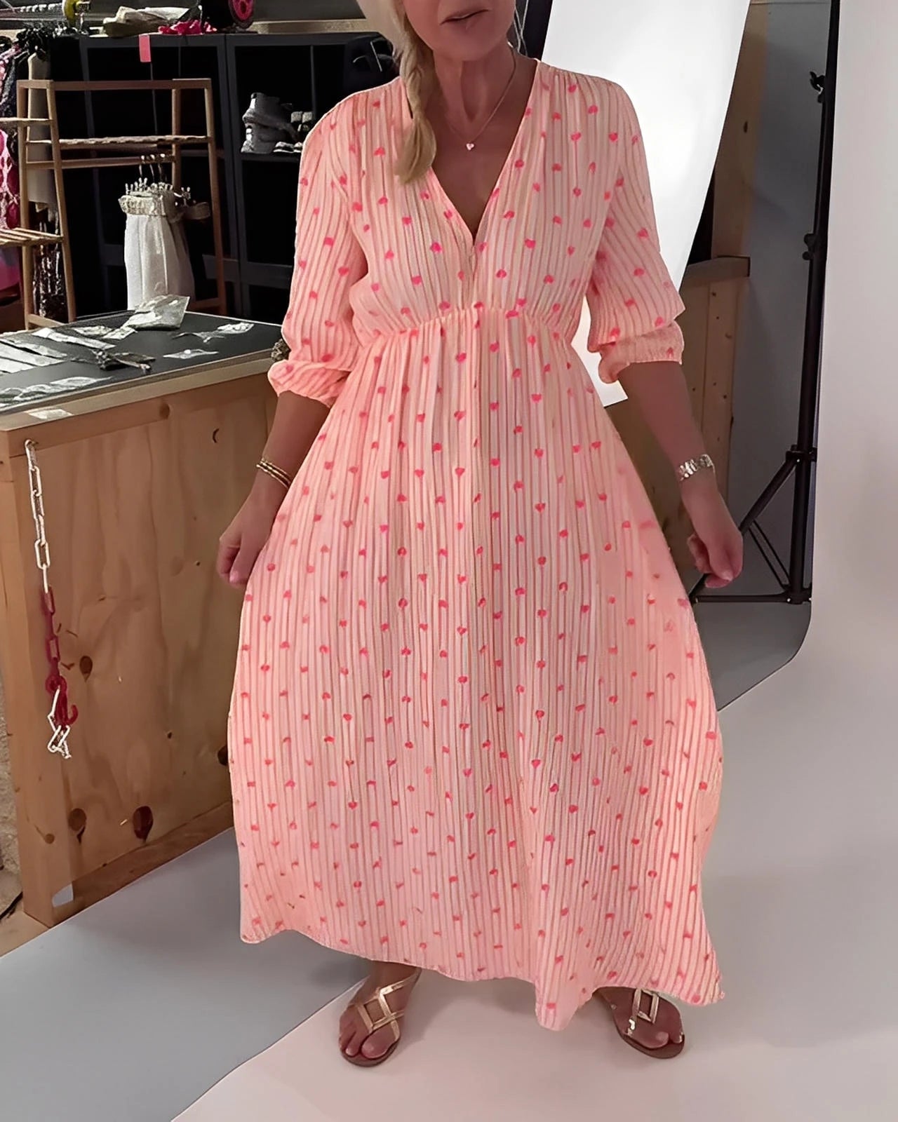 Elegant V-Neck Dress with Heart Print & Short Sleeves