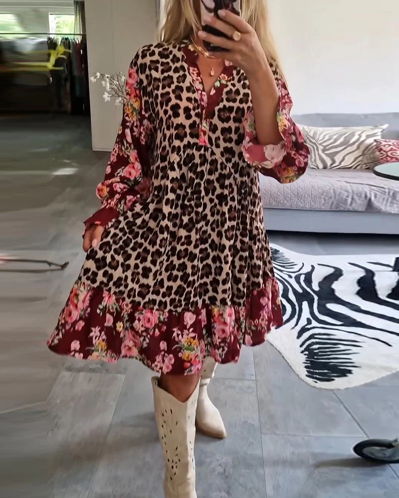 Trendy Bell Sleeve Dress with Leopard & Floral Print