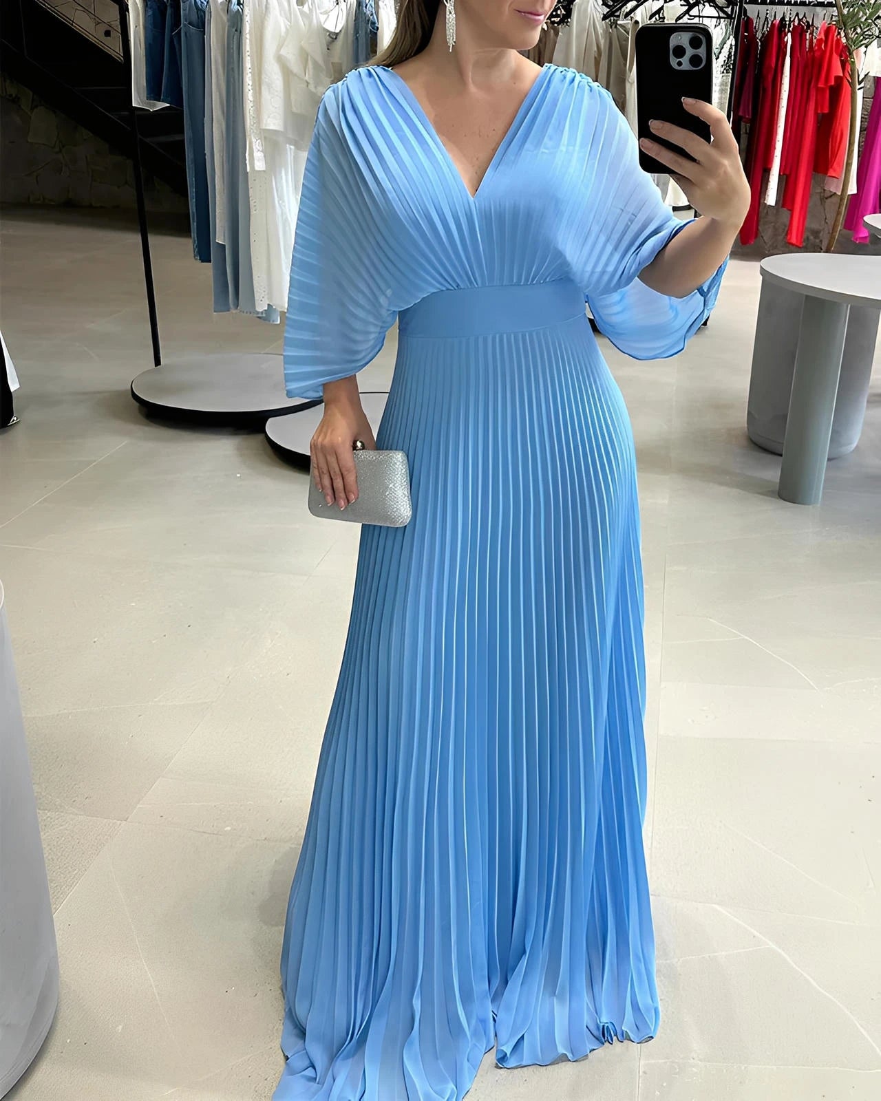 Pleated Midi Dress with Fitted Waist & Short Sleeves