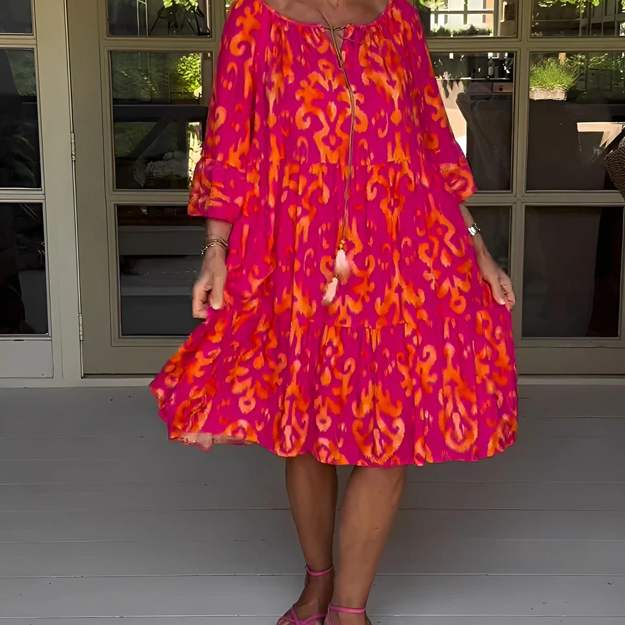 Printed Dress with Bell Sleeves & Relaxed Fit Silhouette