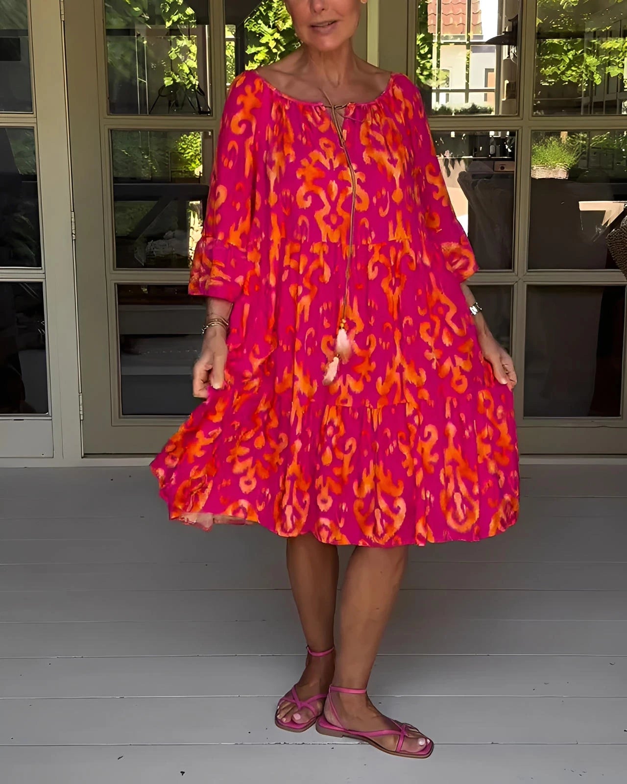 Printed Dress with Bell Sleeves & Relaxed Fit Silhouette