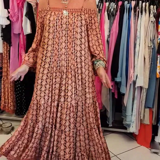 Boho Spaghetti Strap Loose-Fit Midi Dress with Flowy Silhouette