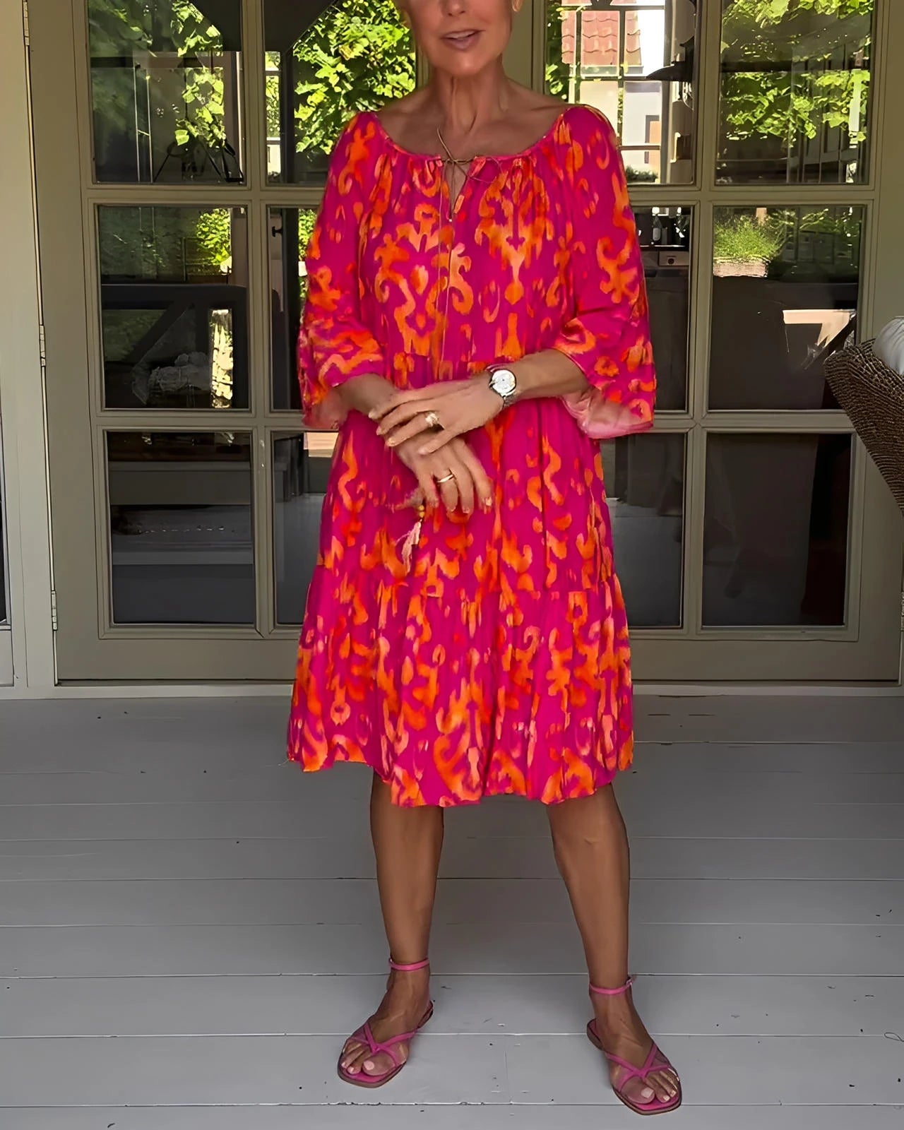 Printed Dress with Bell Sleeves & Relaxed Fit Silhouette