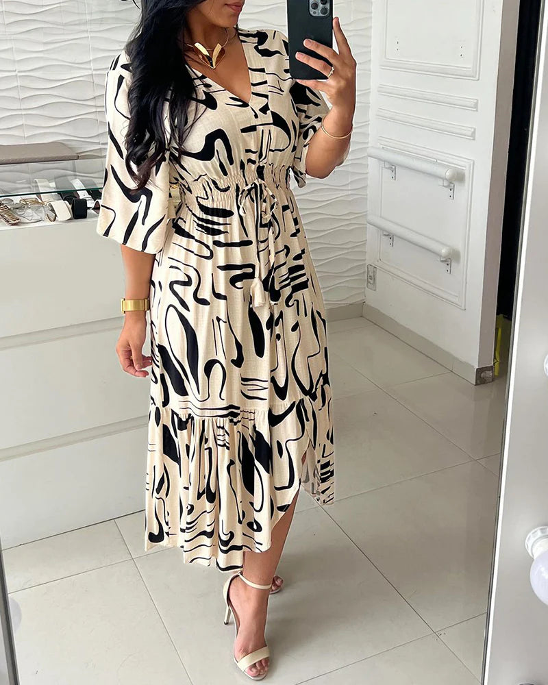 V-Neck Waist Dress with Ink Print & Short Sleeves