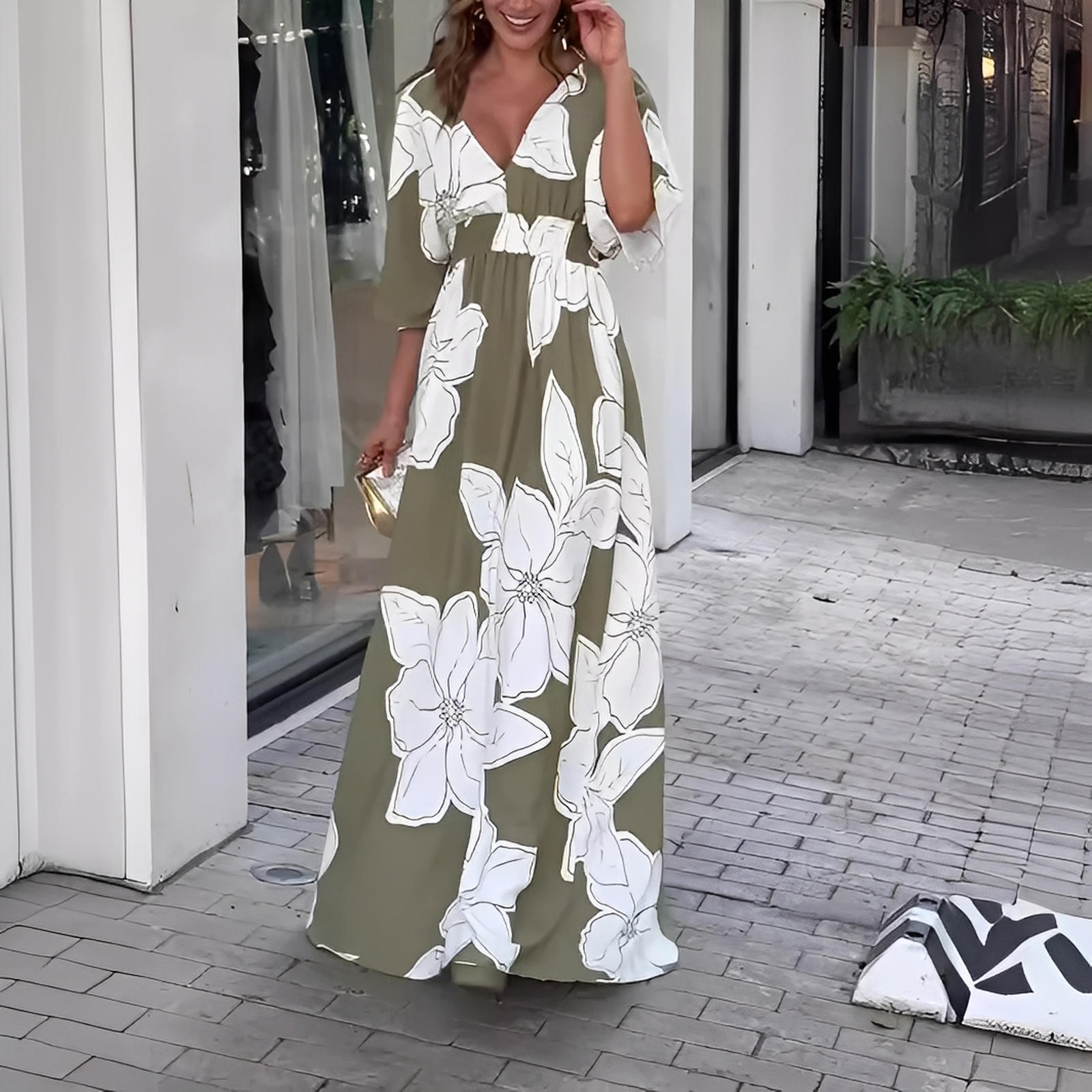 Floral Print V-Neck Batwing Sleeve Maxi Dress with Backless Detail