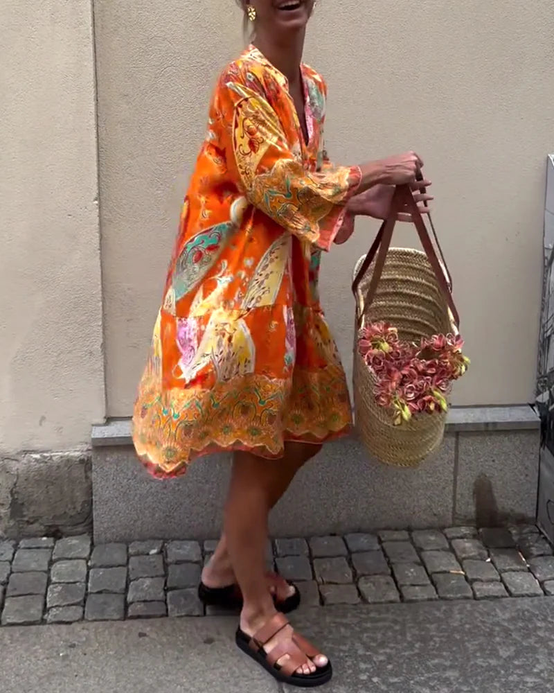 Bohemian Print Dress with Relaxed Fit & Long Sleeves