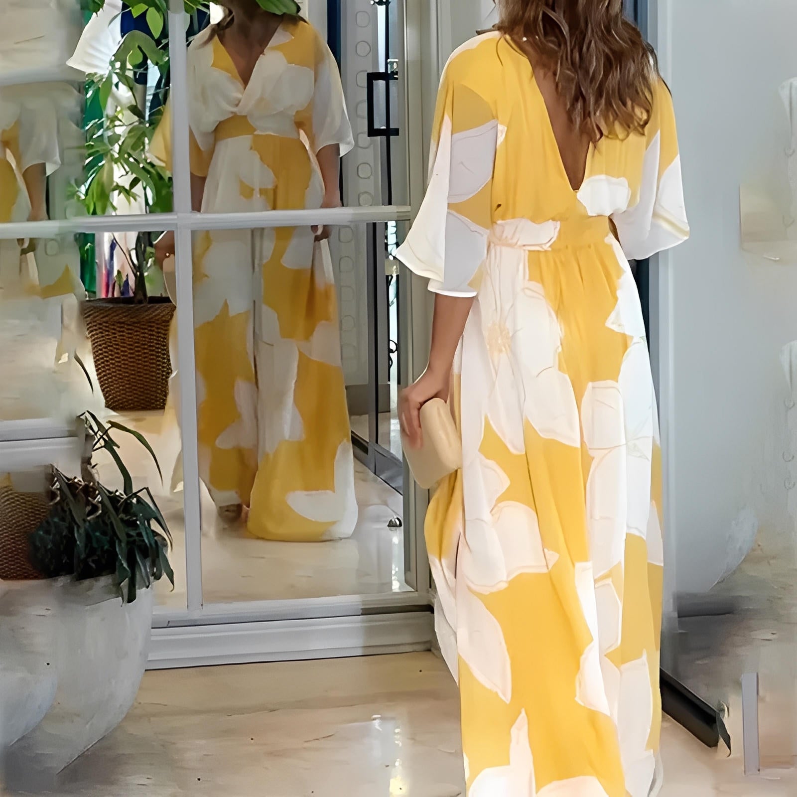 Floral Print V-Neck Batwing Sleeve Maxi Dress with Backless Detail