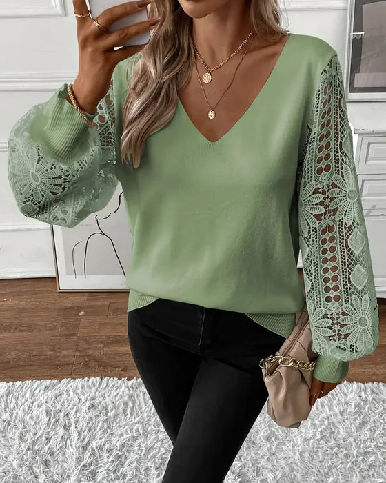 Trendy V-Neck Hollow-Knit Sweater with Lightweight Ajour Detail