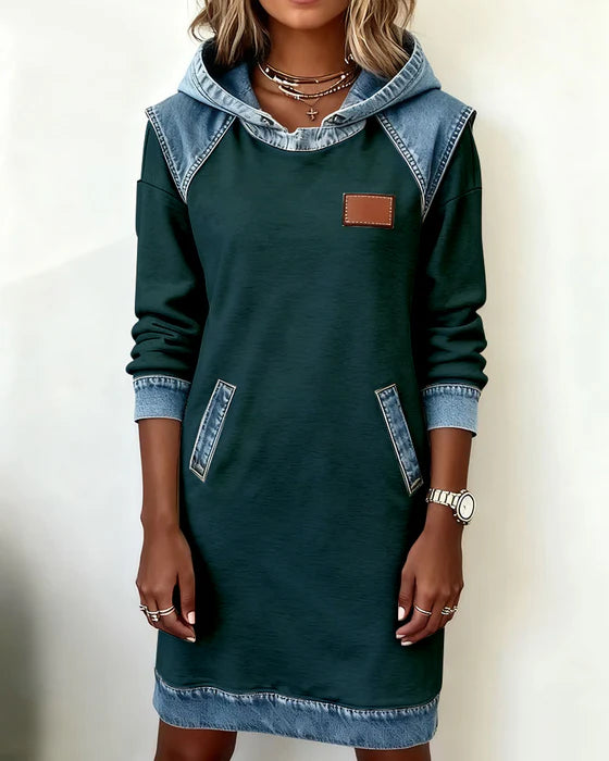 Hooded Dress with Contrast Panels & Relaxed Fit
