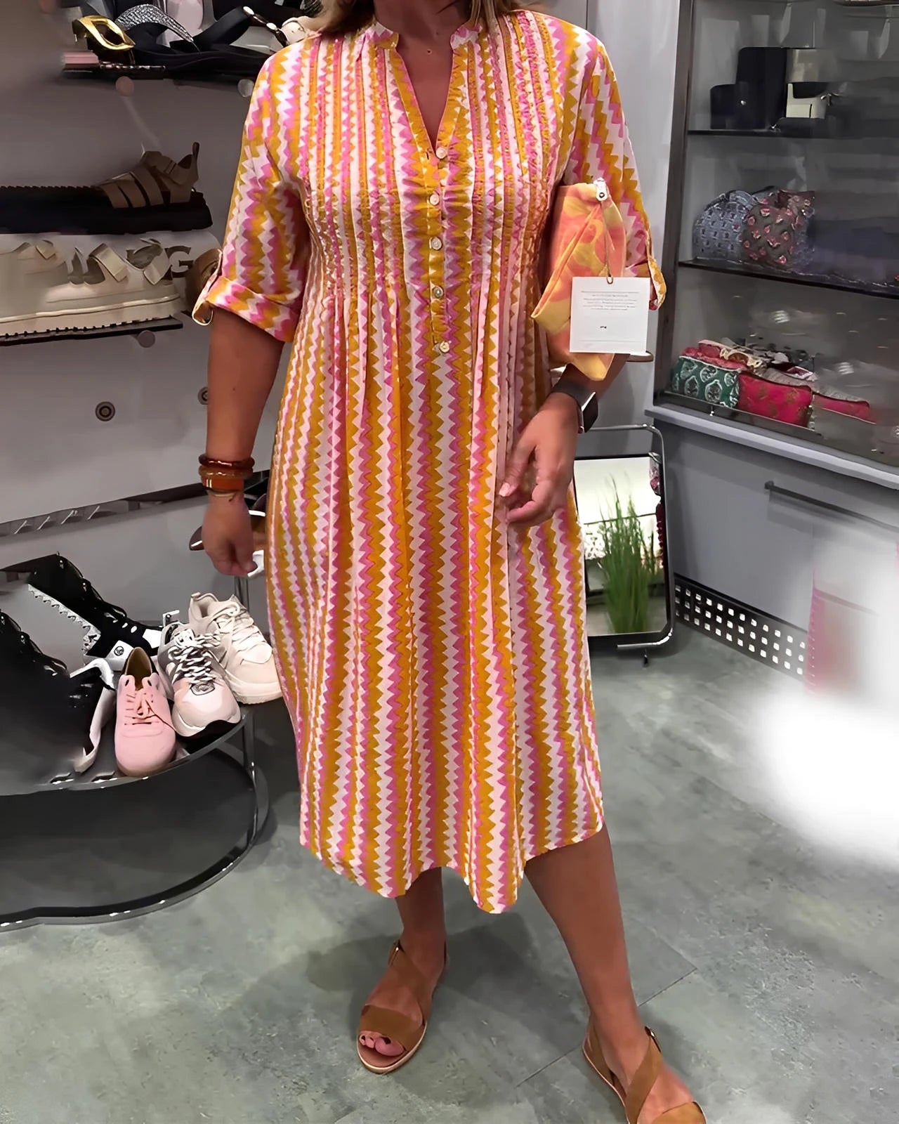 Wave Pattern Knit Dress with Long Sleeves and Side Split