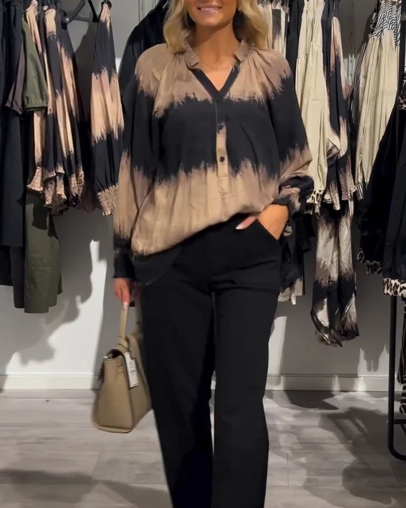 Vintage Colour block Blouse with V-Neckline & Relaxed Fit