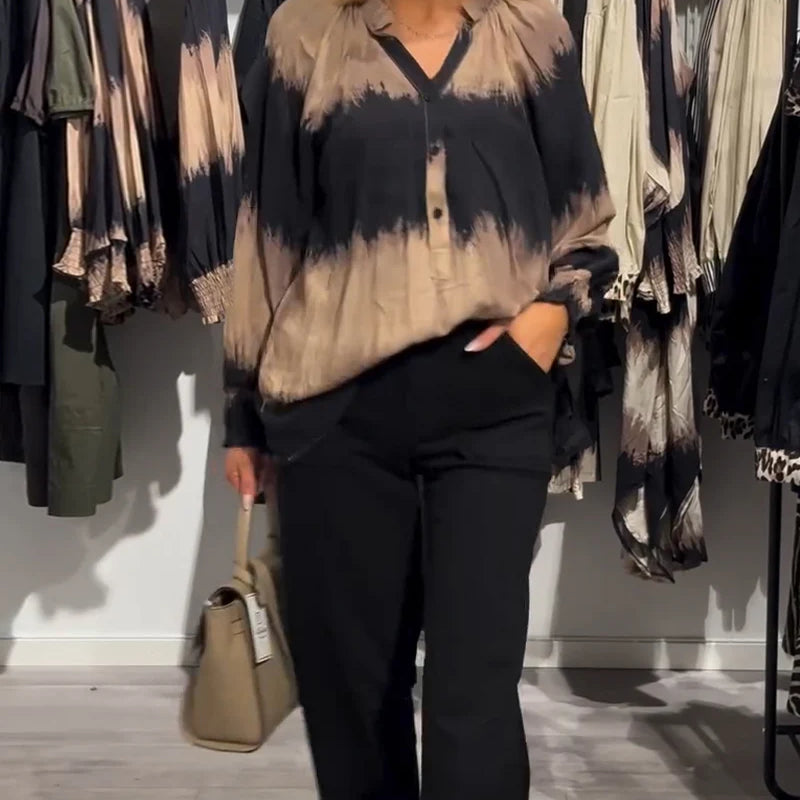 Vintage Colour block Blouse with V-Neckline & Relaxed Fit