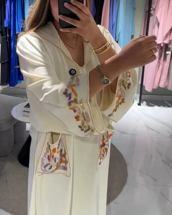 Casual Embroidered Hoodie Dress with Pockets & Relaxed Fit