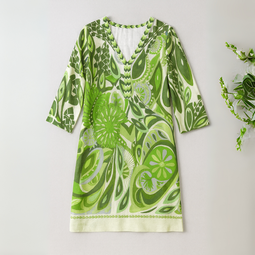 V-Neck Midi Dress Dress with Retro Print