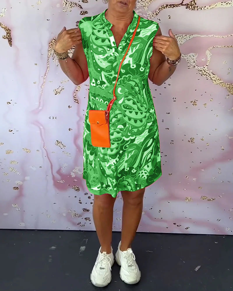 Elegant Sleeveless V-Neck Printed Midi Dress with Defined Waist