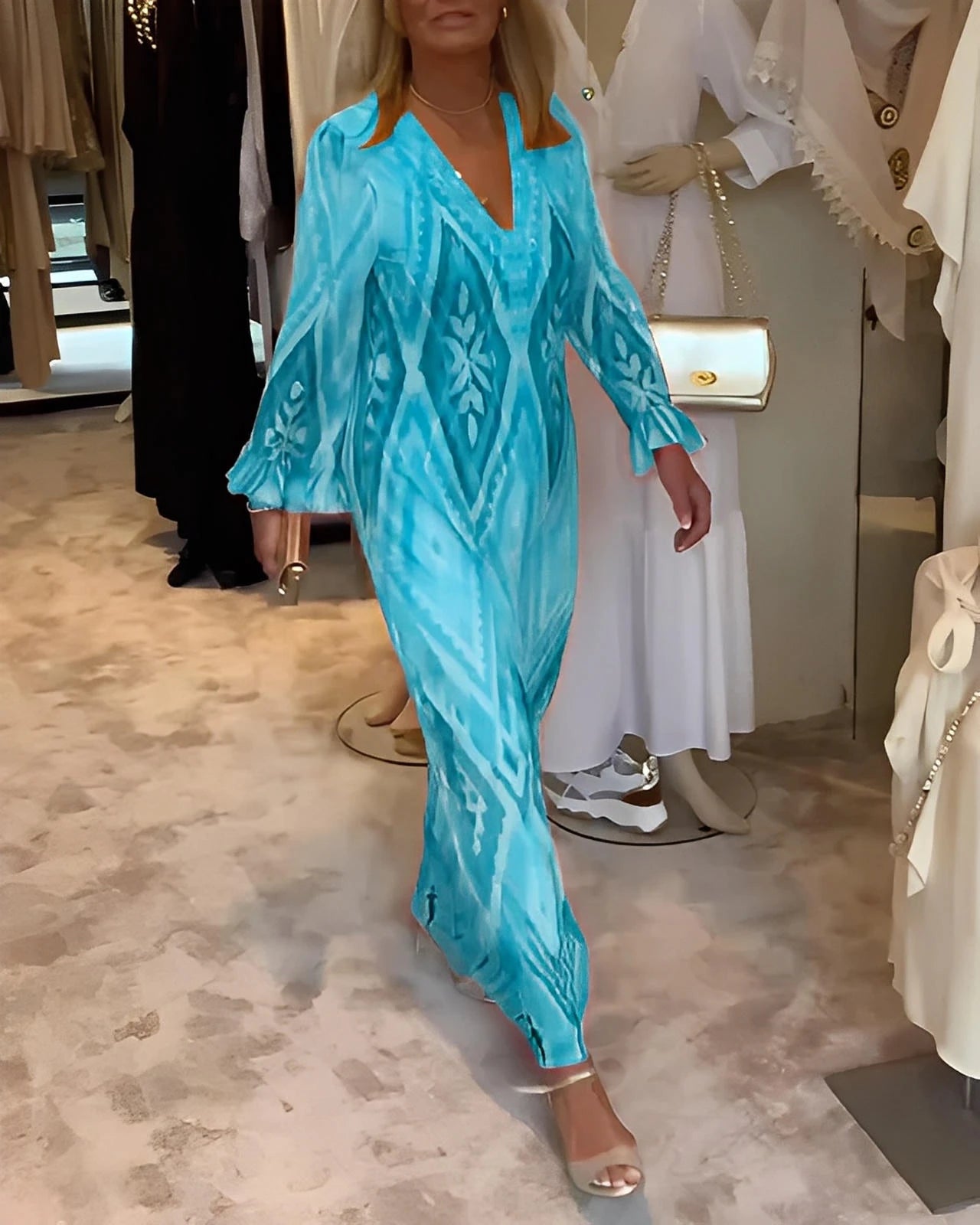 Deep V-Neck Long Sleeve Dress with Retro Geometric Print