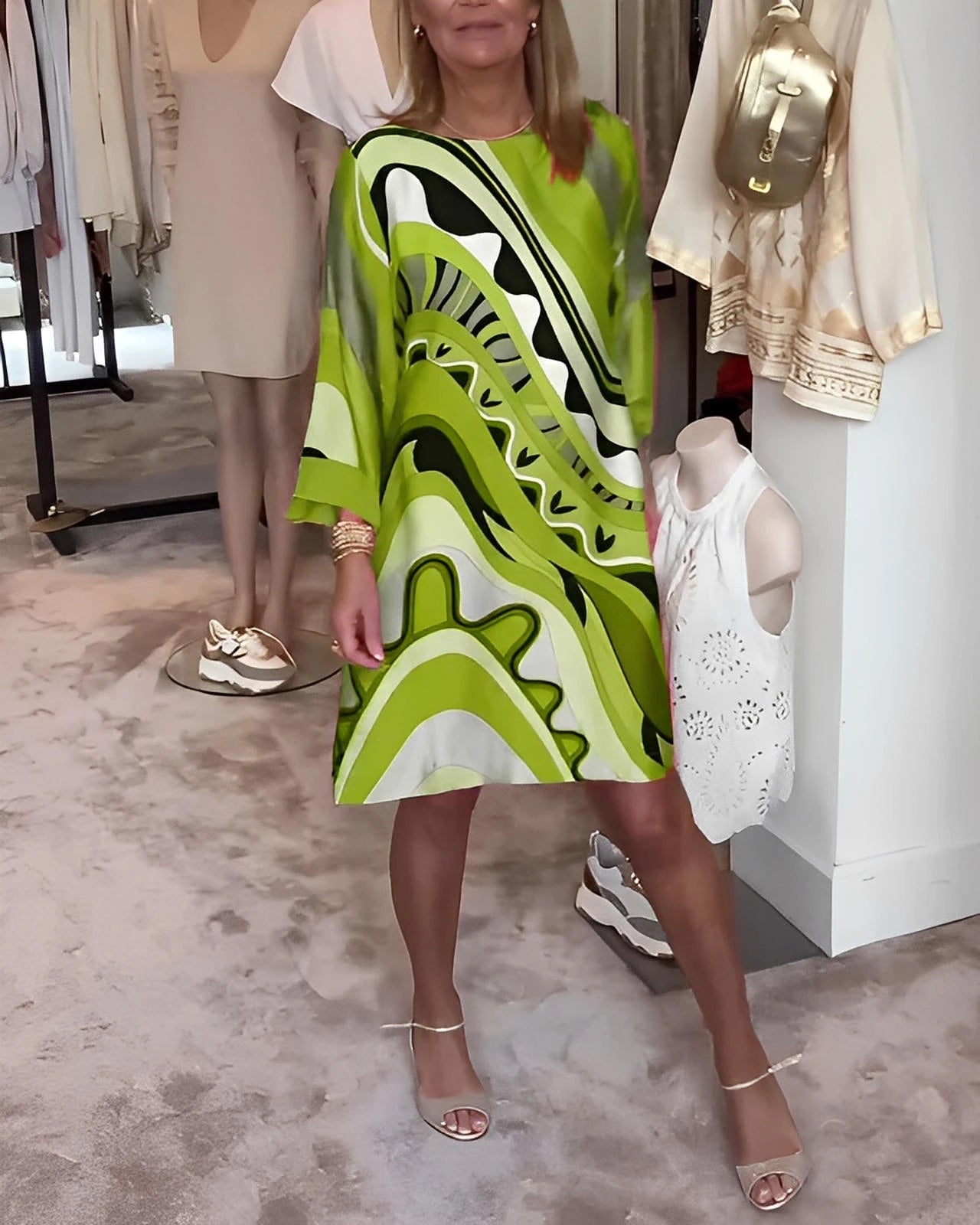 Printed Round Neck Midi Dress with Relaxed Fit