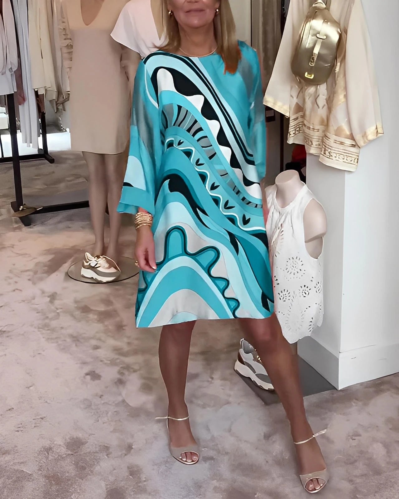 Printed Round Neck Midi Dress with Relaxed Fit