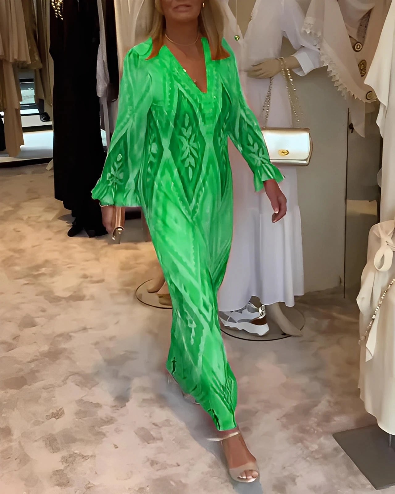 Deep V-Neck Long Sleeve Dress with Retro Geometric Print