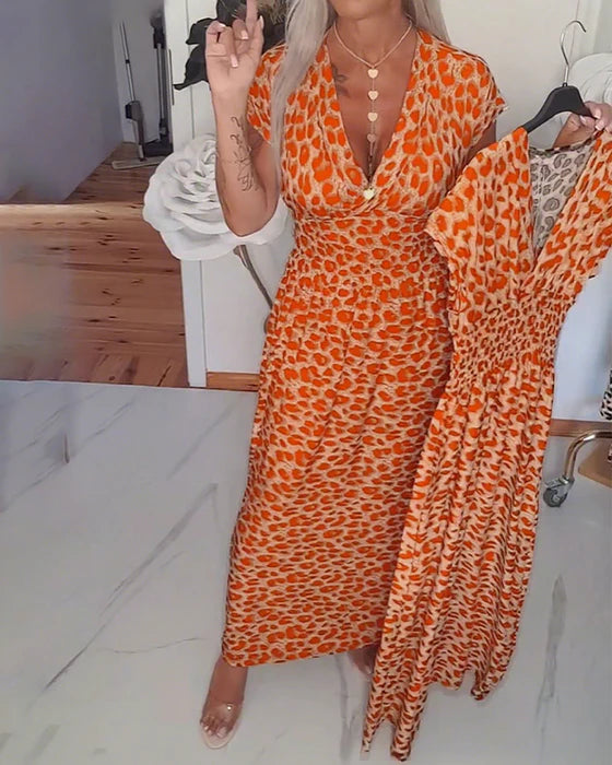 Elegant Leopard Print V-Neck Dress with Defined Waist