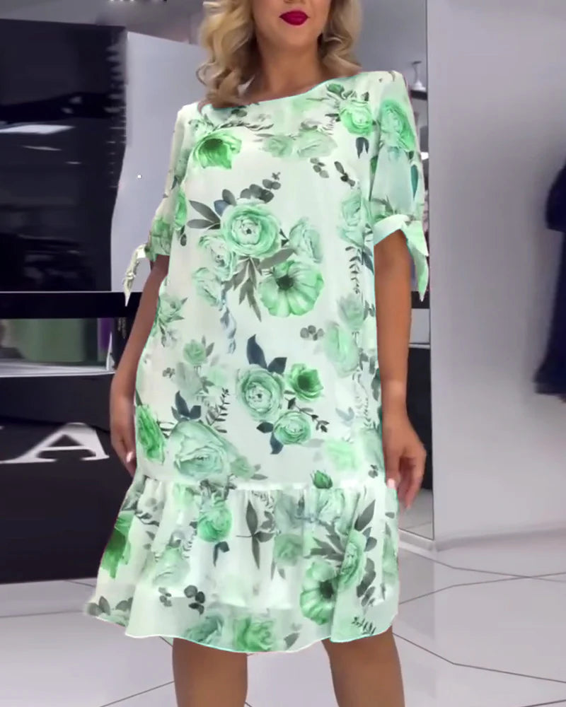 Elegant Round Neck Floral Print Midi Dress with Short Sleeves