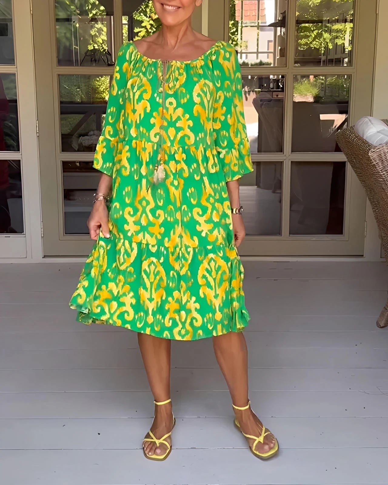 Printed Dress with Bell Sleeves & Relaxed Fit Silhouette