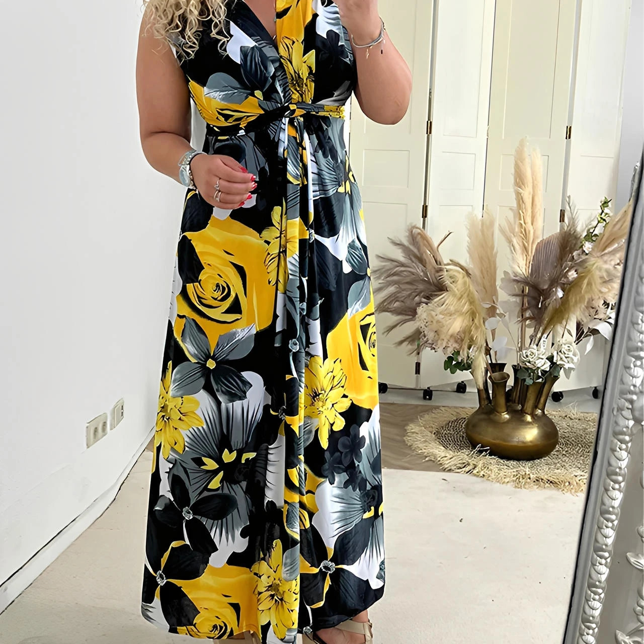 Sleeveless Pleated Floral Midi Dress with Cinched Waist & High Neckline