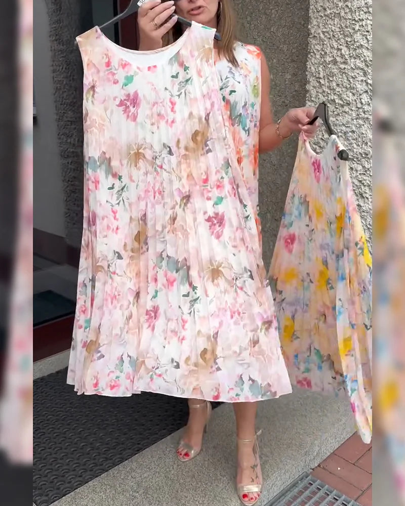 Sleeveless Pleated Floral Print Midi Dress with Defined Waist