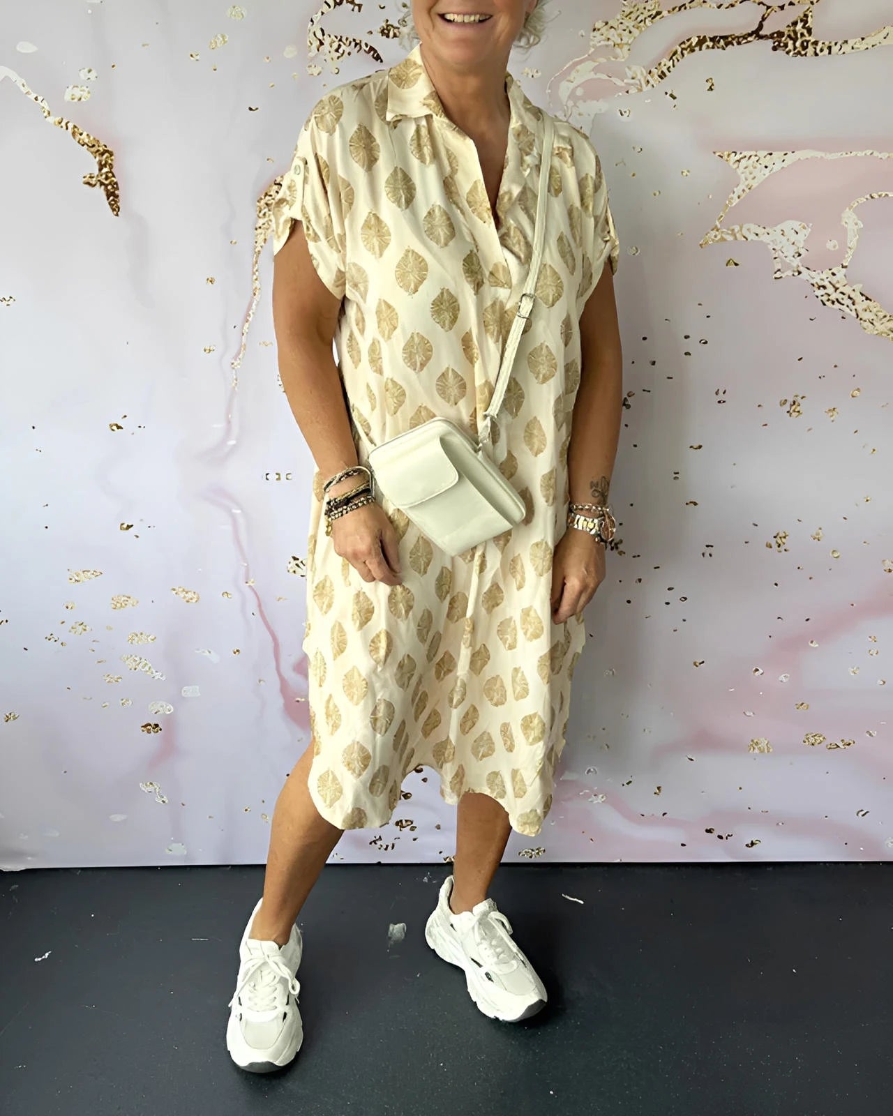 Short Sleeve Loose-Fit Dress with Notched Lapel Collar