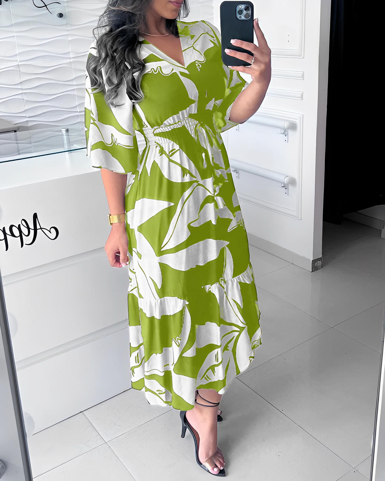 Elegant V-Neck Dress with 3/4 Sleeves and Tie Detail