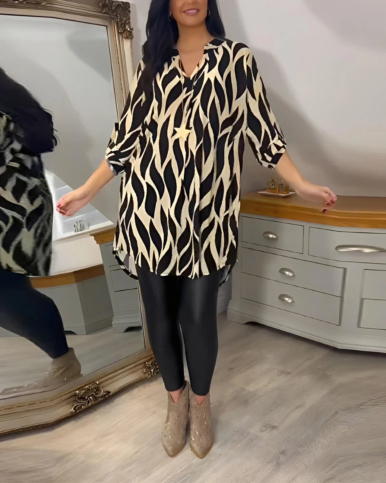 Relaxed Fit Women’s Blouse with V-Neck & Short Sleeves