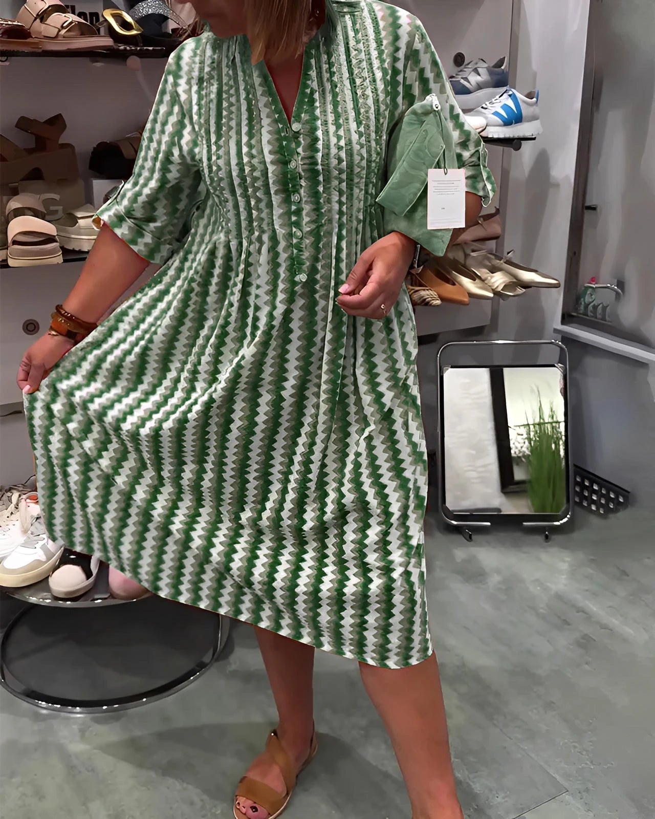 Wave Pattern Knit Dress with Long Sleeves and Side Split