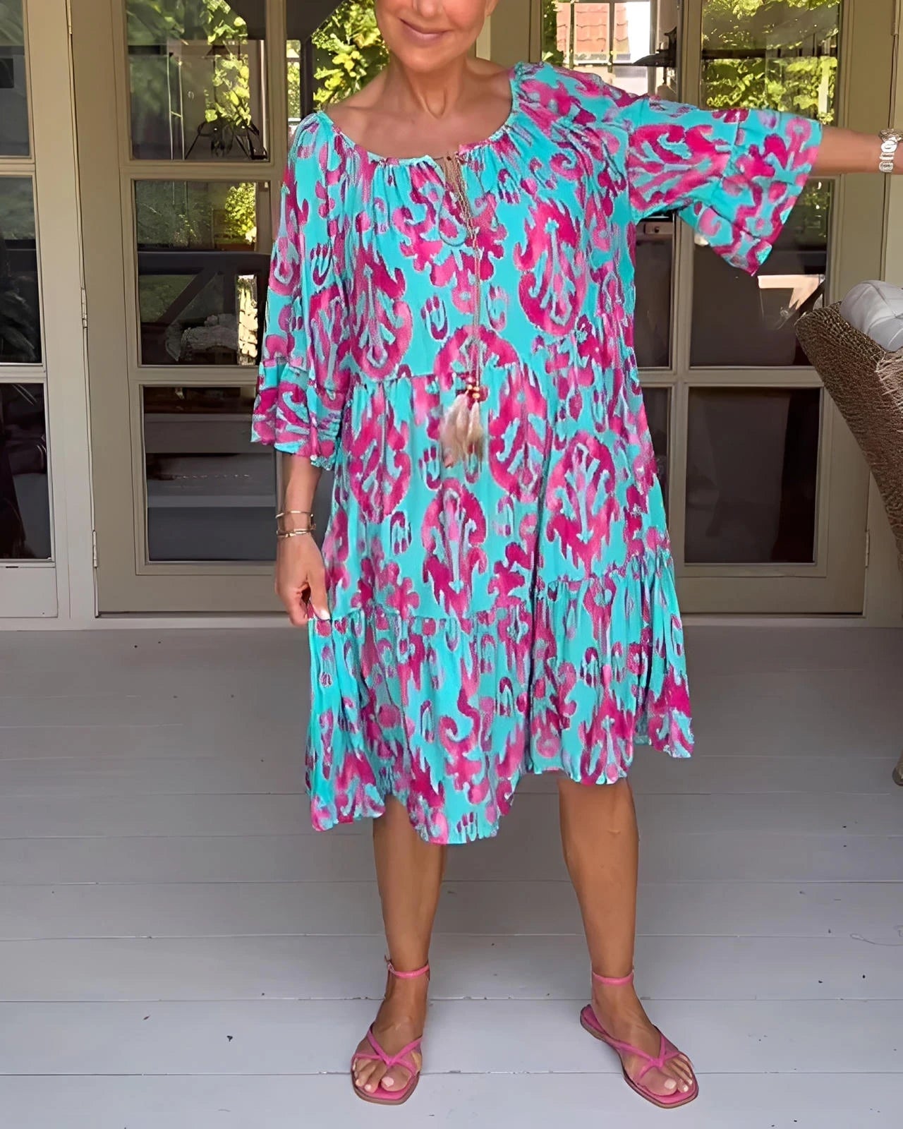 Printed Dress with Bell Sleeves & Relaxed Fit Silhouette