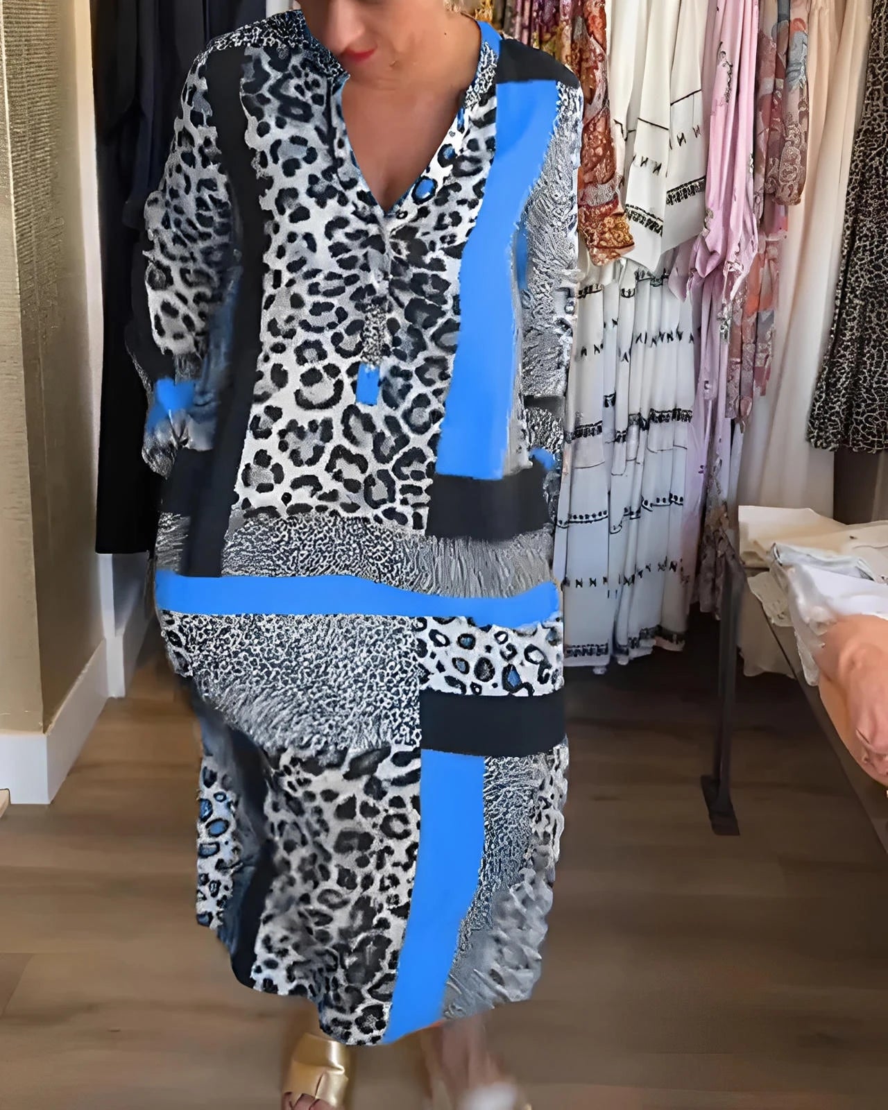 Leopard Print Geometric Midi Dress with Sleeves and Waist Tie