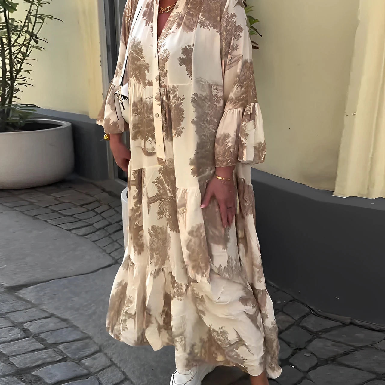 Loose Printed V-Neck Patchwork Dress with Flared Sleeves