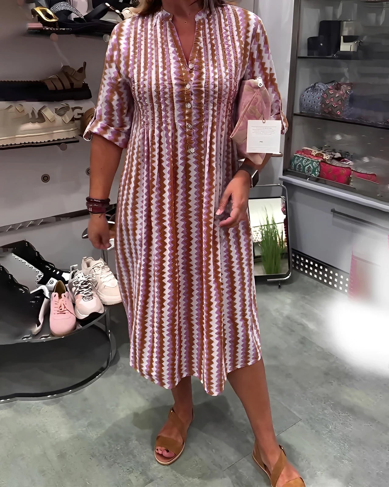 Wave Pattern Knit Dress with Long Sleeves and Side Split