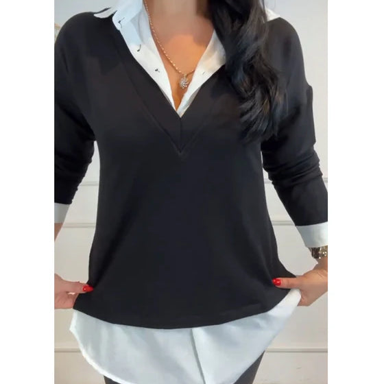 Black & White Patchwork Top with Contrast Collar