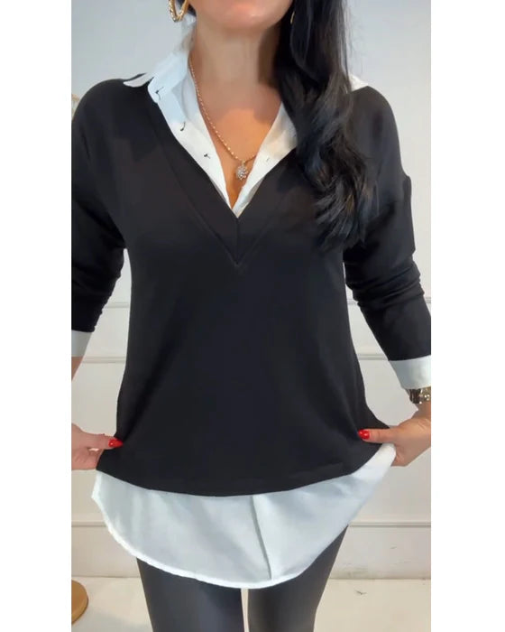 Black & White Patchwork Top with Contrast Collar