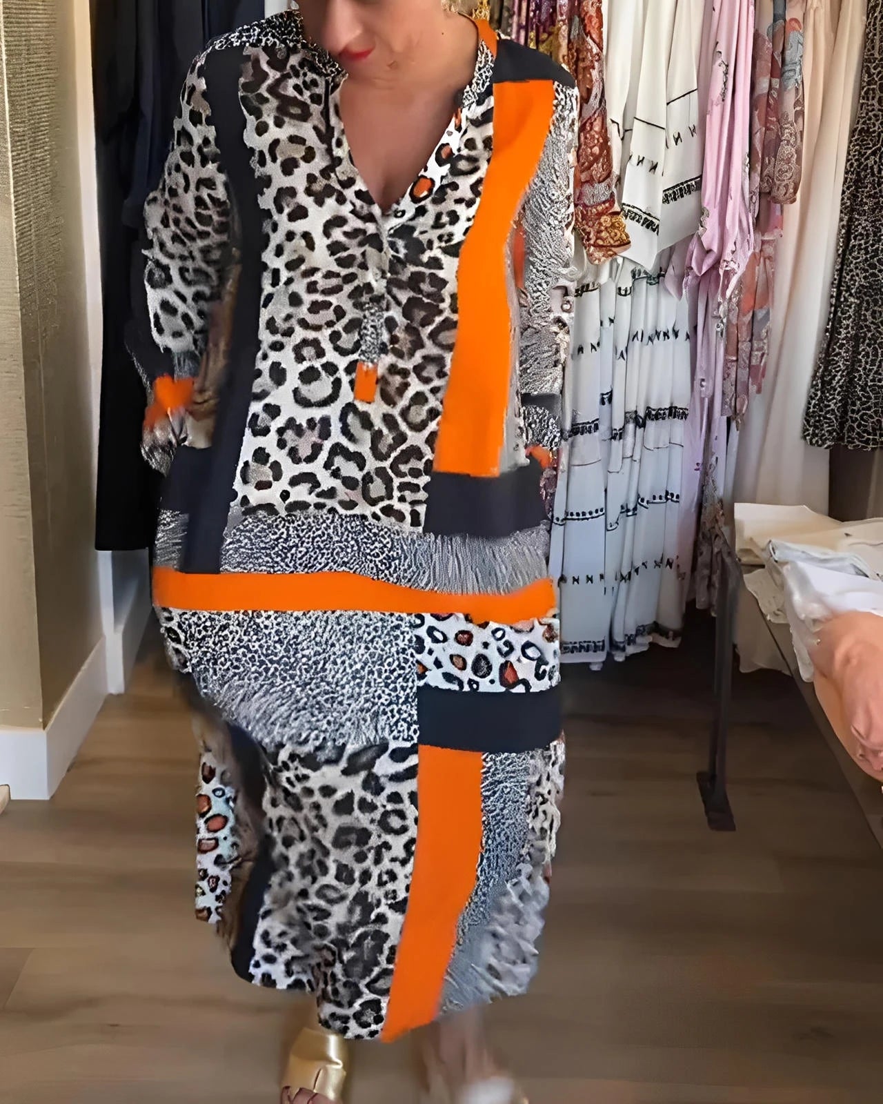 Leopard Print Geometric Midi Dress with Sleeves and Waist Tie