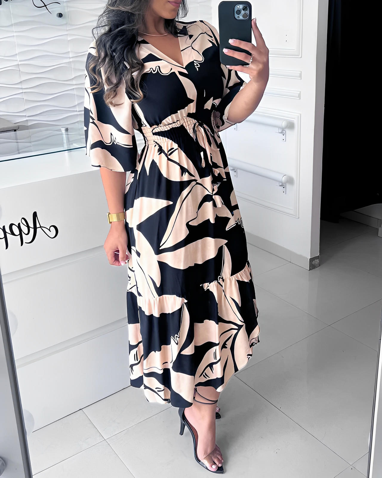 Elegant V-Neck Dress with 3/4 Sleeves and Tie Detail