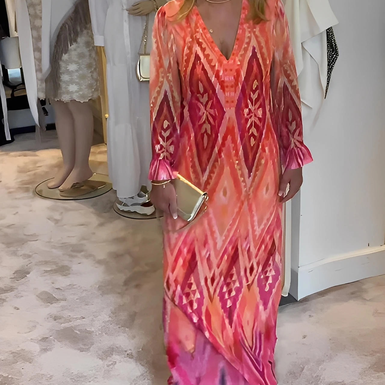 Deep V-Neck Long Sleeve Dress with Retro Geometric Print
