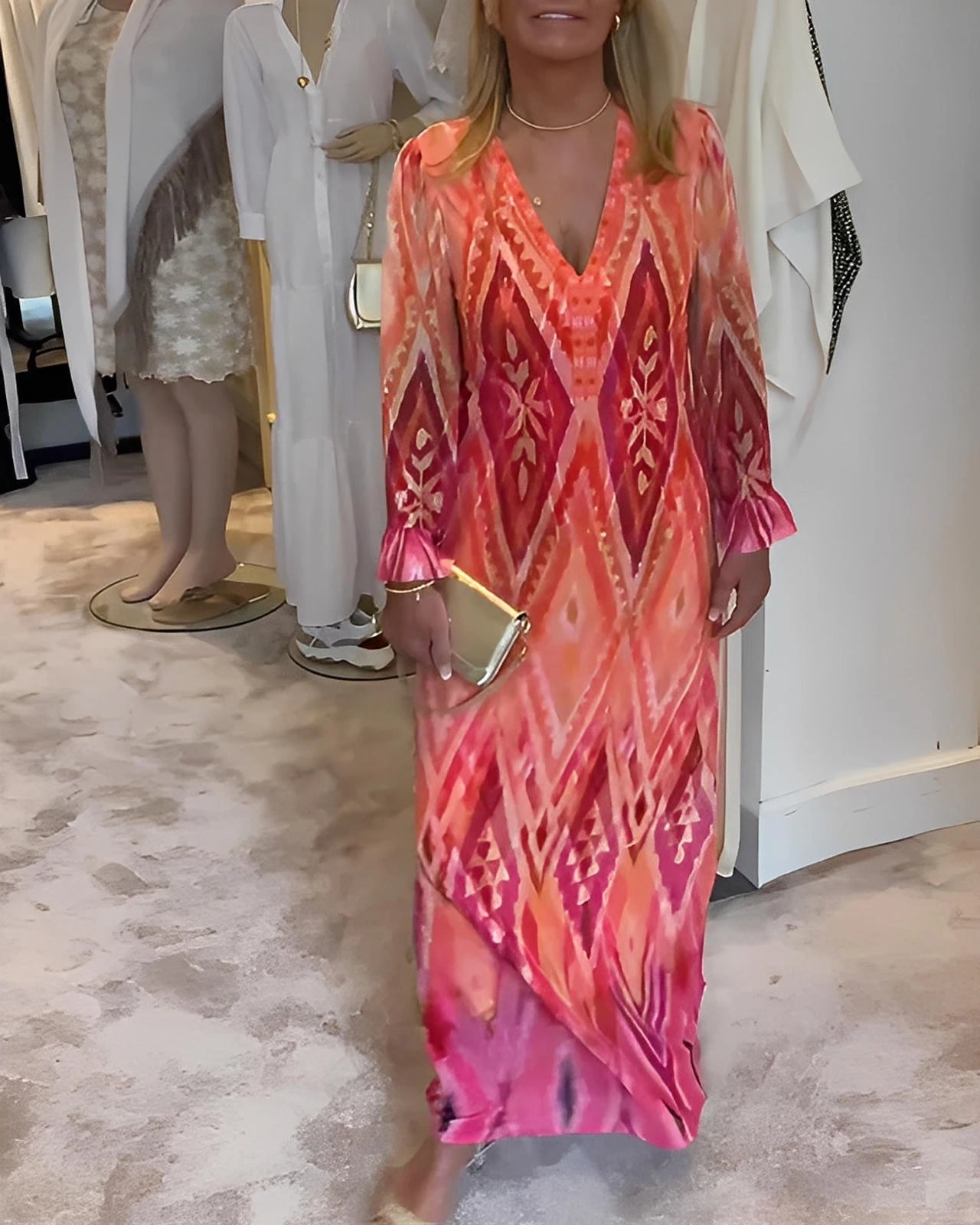 Deep V-Neck Long Sleeve Dress with Retro Geometric Print