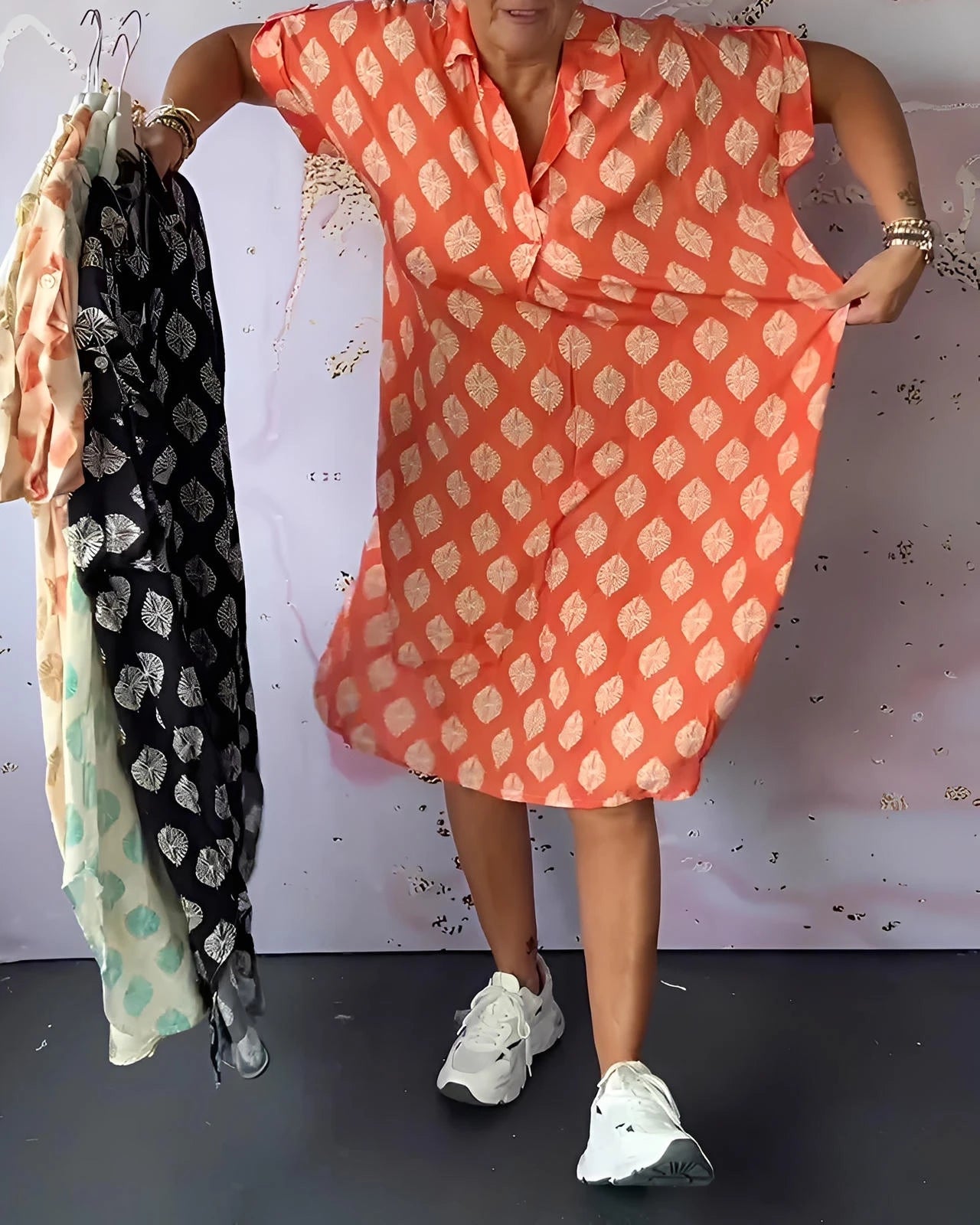 Short Sleeve Loose-Fit Dress with Notched Lapel Collar