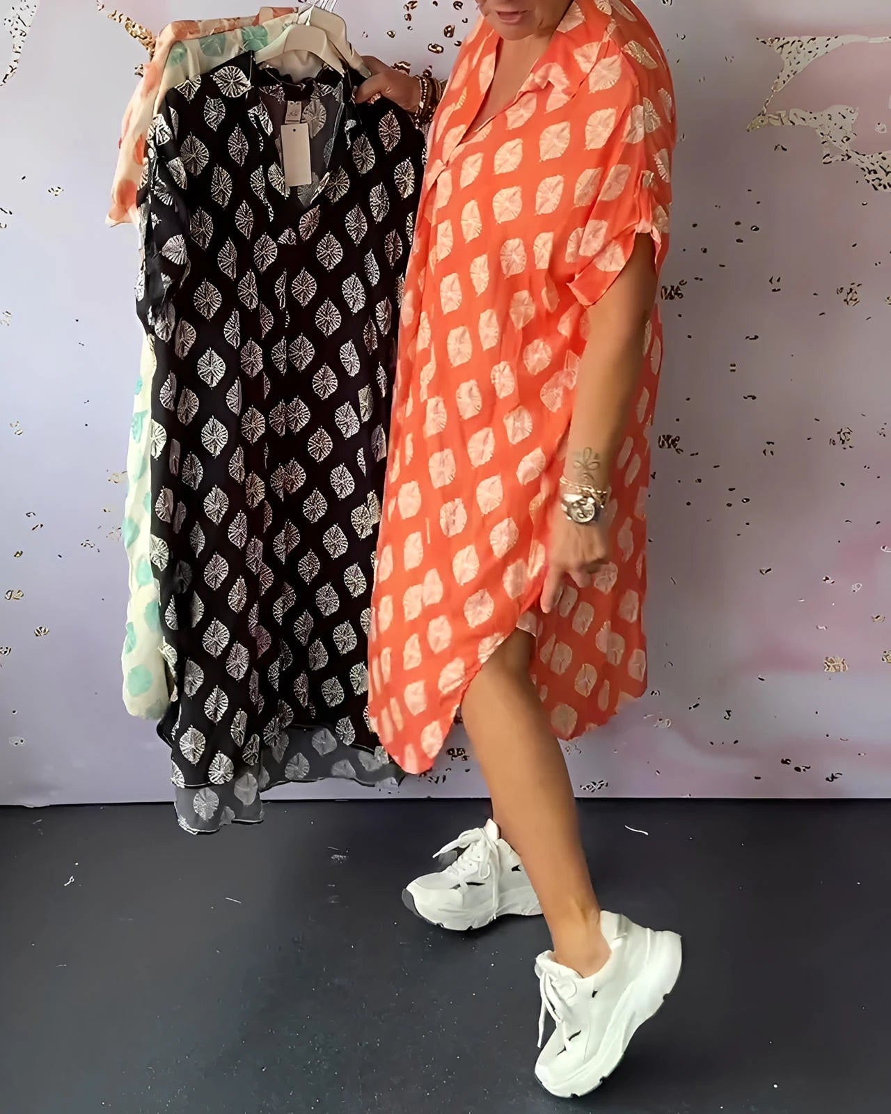 Short Sleeve Loose-Fit Dress with Notched Lapel Collar