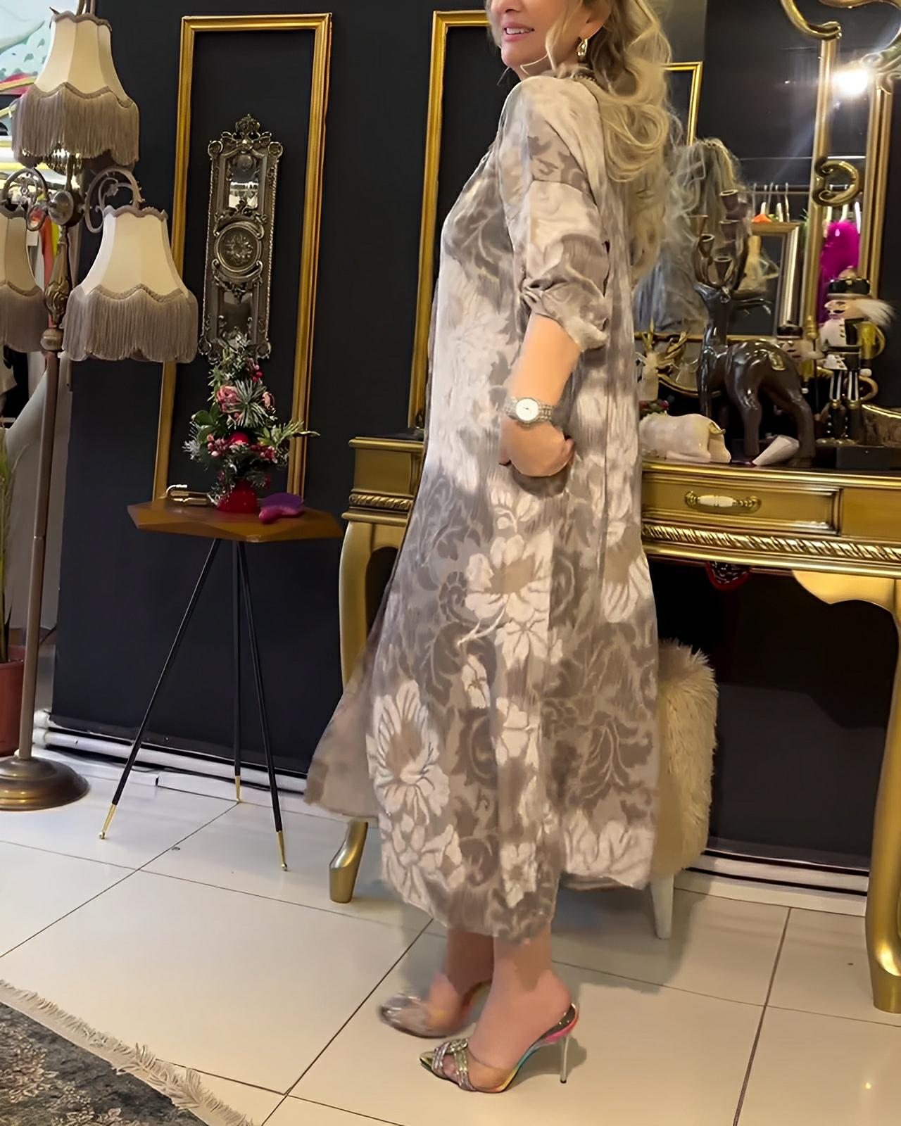 Vintage Print Dress with Lapel Button