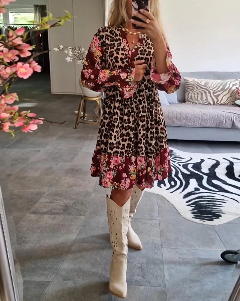 Trendy Bell Sleeve Dress with Leopard & Floral Print