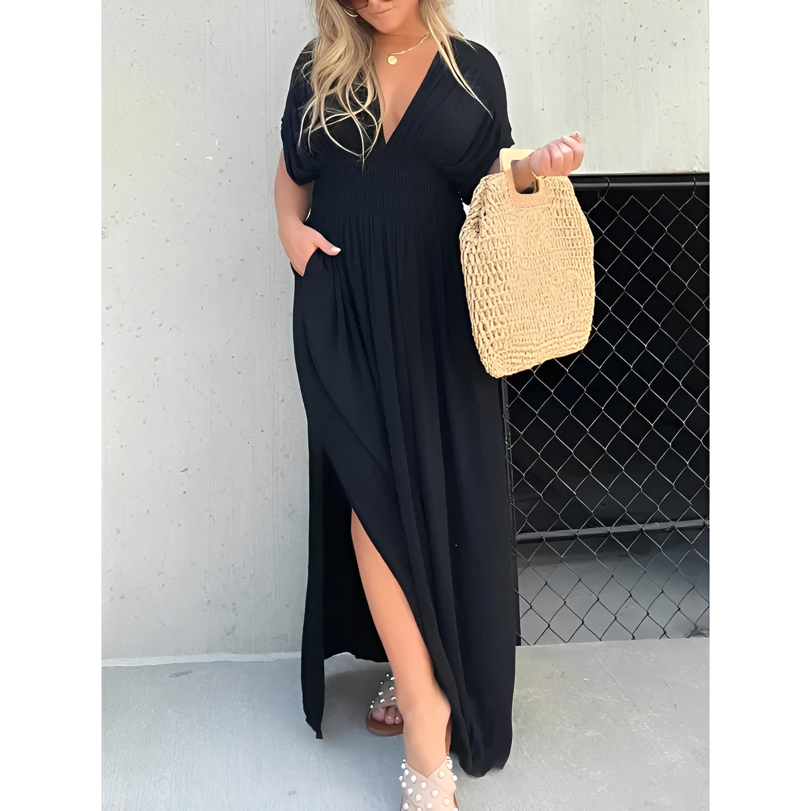 Bat Sleeve V-Neck Maxi Dress with Side Slit and Elastic Waist