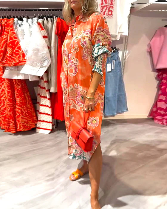 High Neck Long Sleeve Dress with Cashew Paisley Print